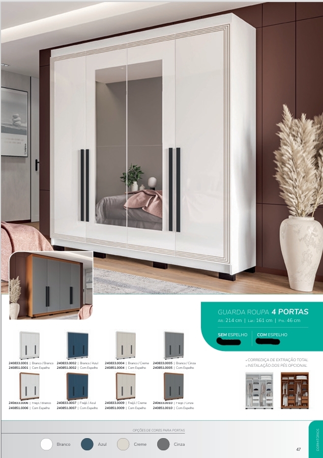 Roupeiro 4 Portas 161 | Politorno 0226  S/Espelho 1390,00 E Versão C/Espelho 1540,00