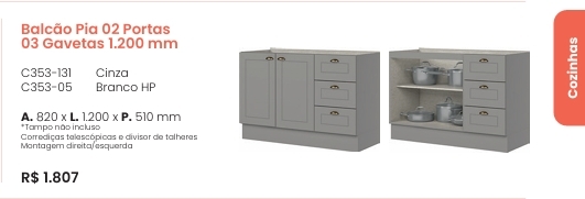Americana | Balcão Pia 2 Portas 3 Gavetas 1200 mm | C353 | Henn 0126
