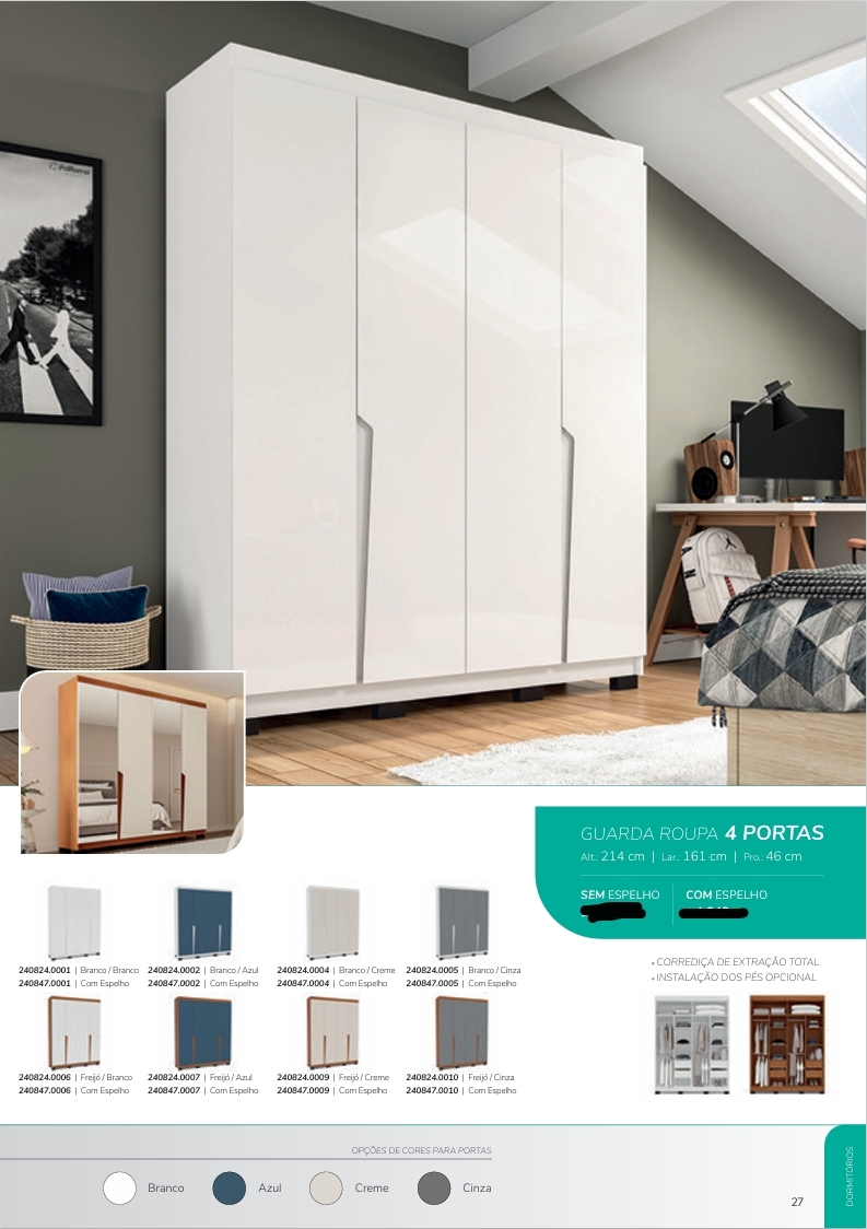 Roupeiro 4 Portas 161 | Politorno 0226 S/Espelho 1310,00 E Versão C/Espelho 1630,00