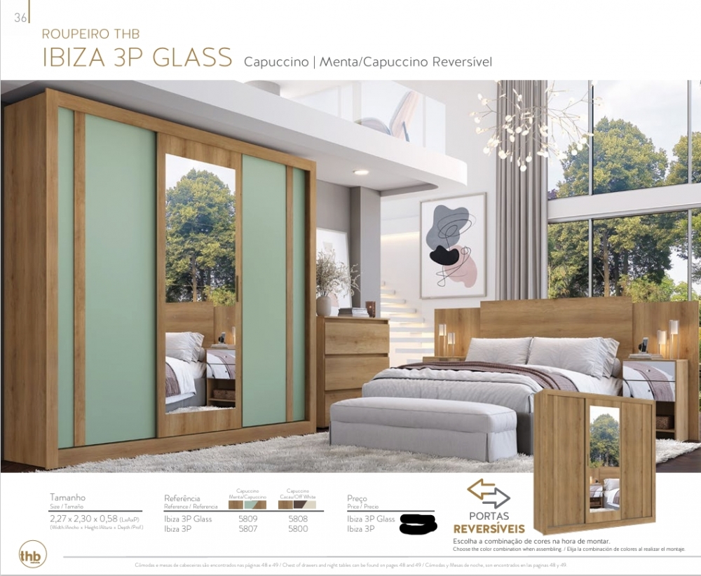 Roupeiro Ibiza 3P | 5809 - 5807 - 5808 - 5800 | Thb 0226   S/Espelho 1500,00 E Versão C/Espelho 1700,00