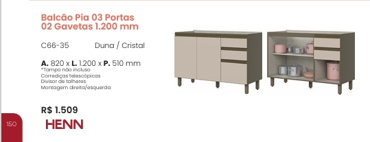 Connect | Balcão Pia 3 Portas 2 Gavetas | C66 | Henn 0126