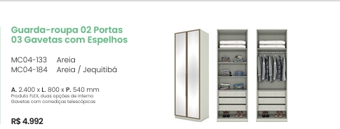 Seletto Roupeiro 2 Portas 3 Gavetas Com Espelho | MC04 | Henn 0126